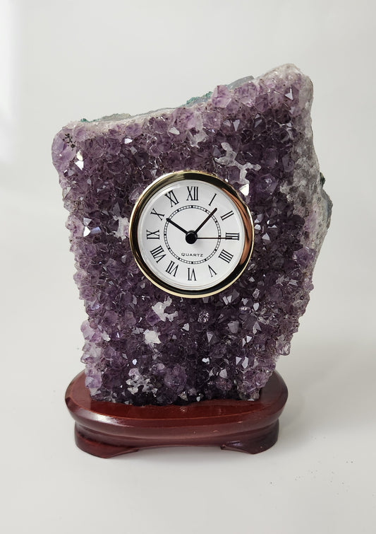 Amethyst Clock on Wood Base